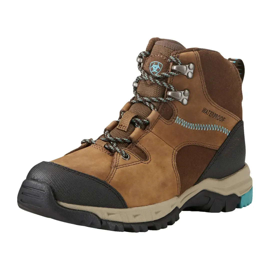 Rugged brown Ariat Womens Skyline Mid Waterproof Boots with black toe cap and teal accents