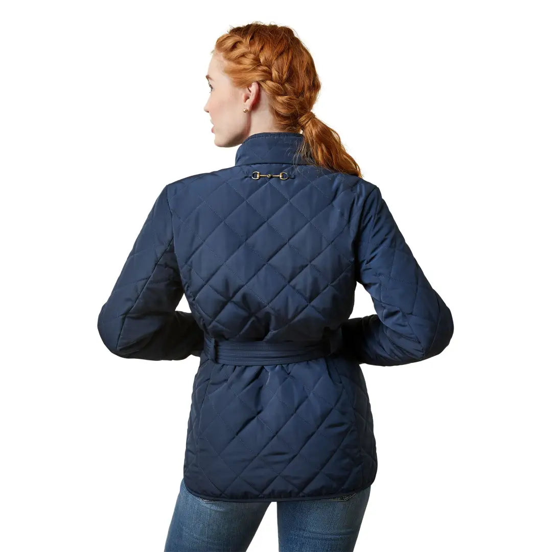 Navy blue quilted jacket with belt, high collar and recycled polyester shell from Ariat