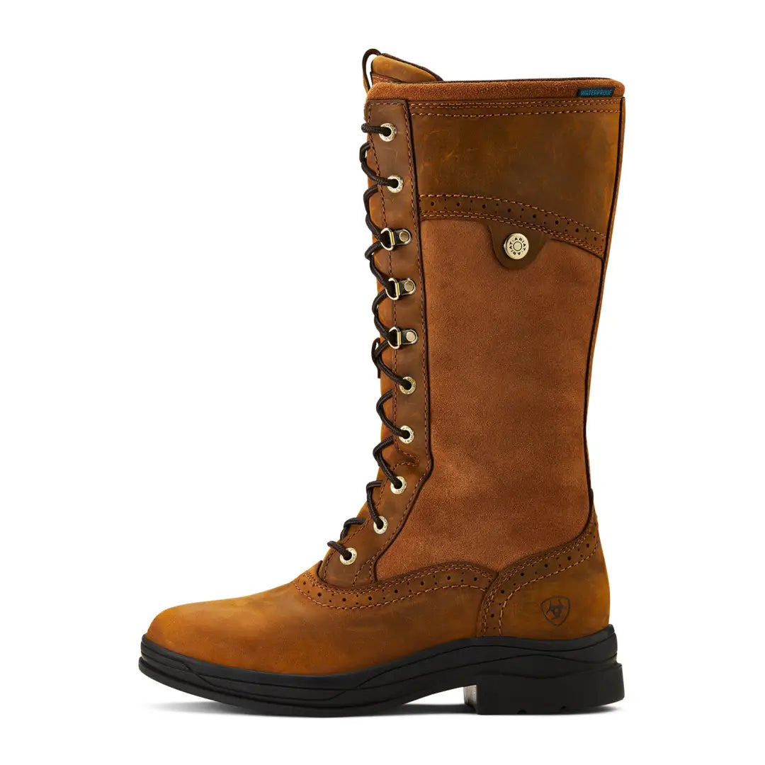 Tall brown leather Ariat Womens Wythburn II Waterproof Boot with side pocket and brogue detailing