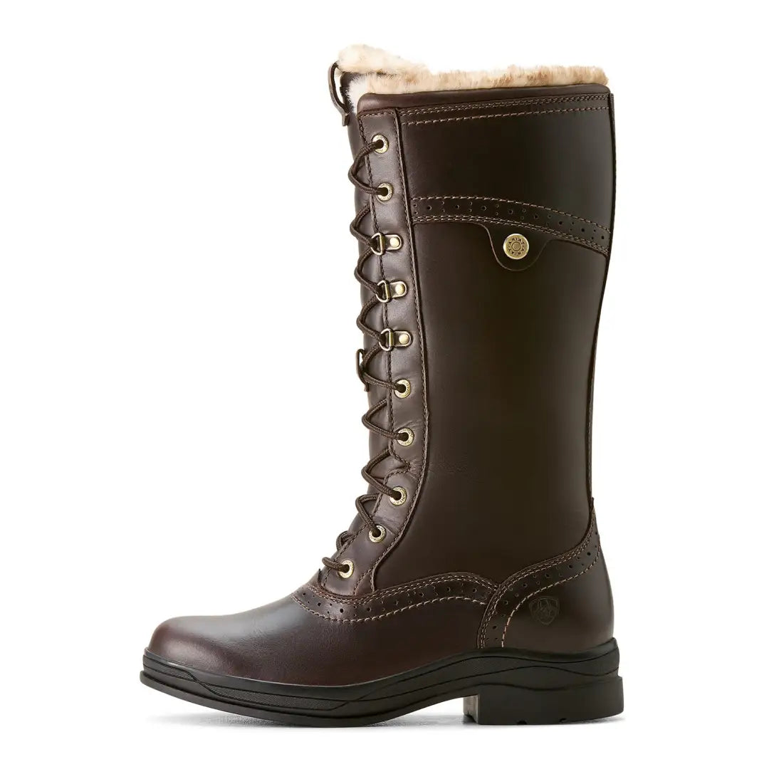 Tall brown leather Ariat Wythburn II Sherpa boot with fur, perfect for country clothing and outdoors