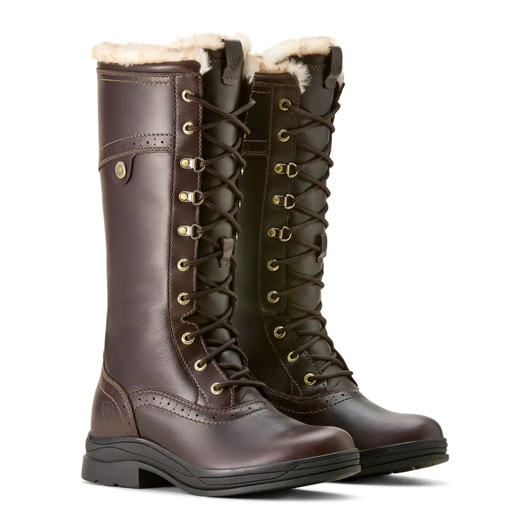 Tall lace-up leather boots with fur lining, perfect for outdoor adventures and country clothing