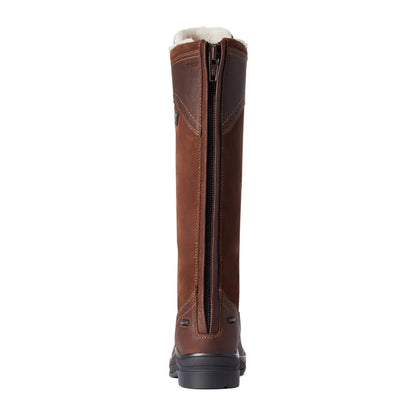 Tall brown leather Ariat Wythburn Tall Waterproof Boots with side zipper and fur lining