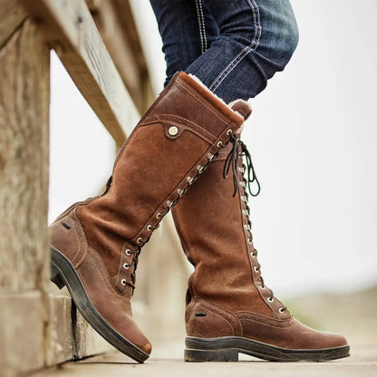 Tall brown leather Ariat Wythburn Tall Waterproof Boots with a low heel