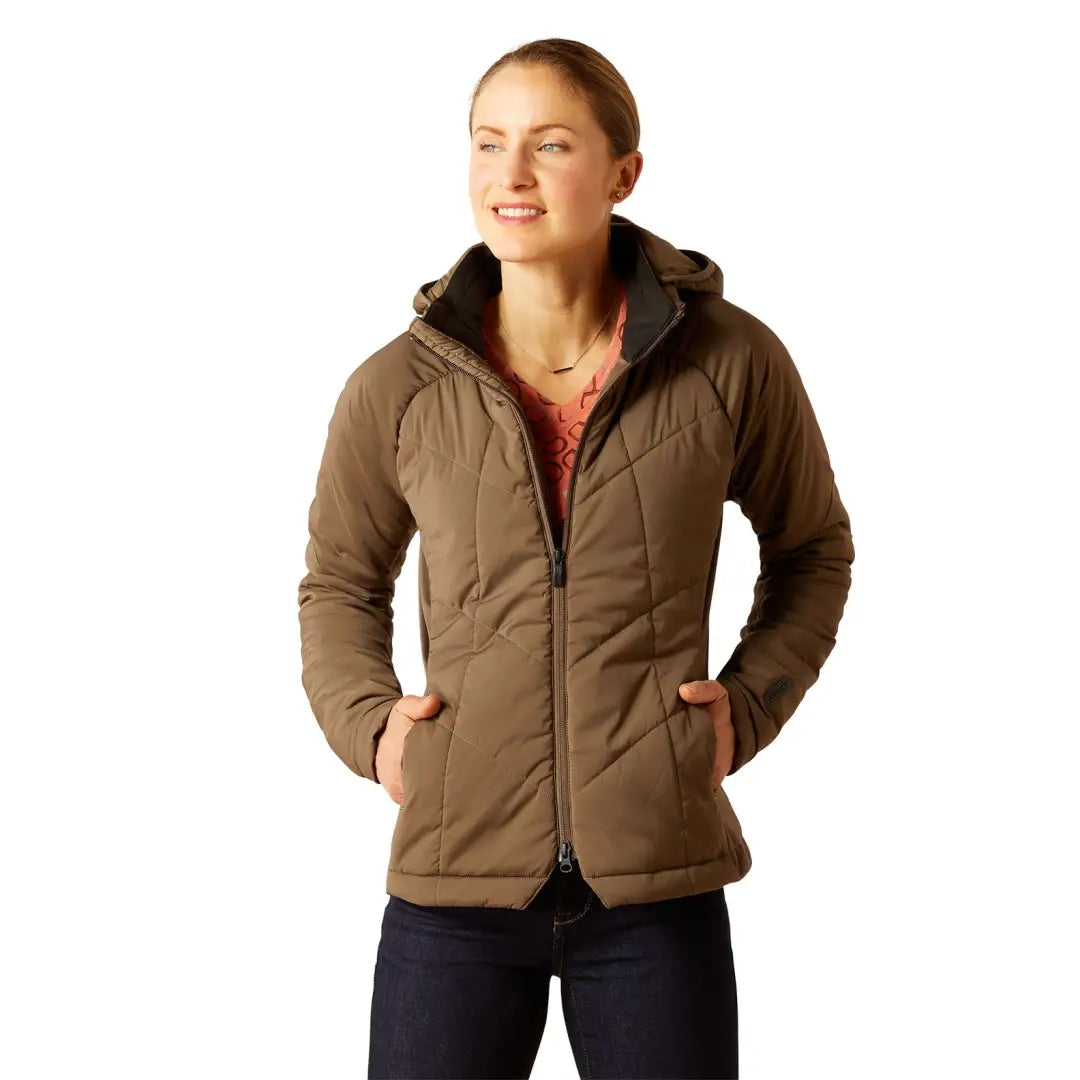 Quilted brown Zonal Insulated Jacket featuring a high collar and zippered front