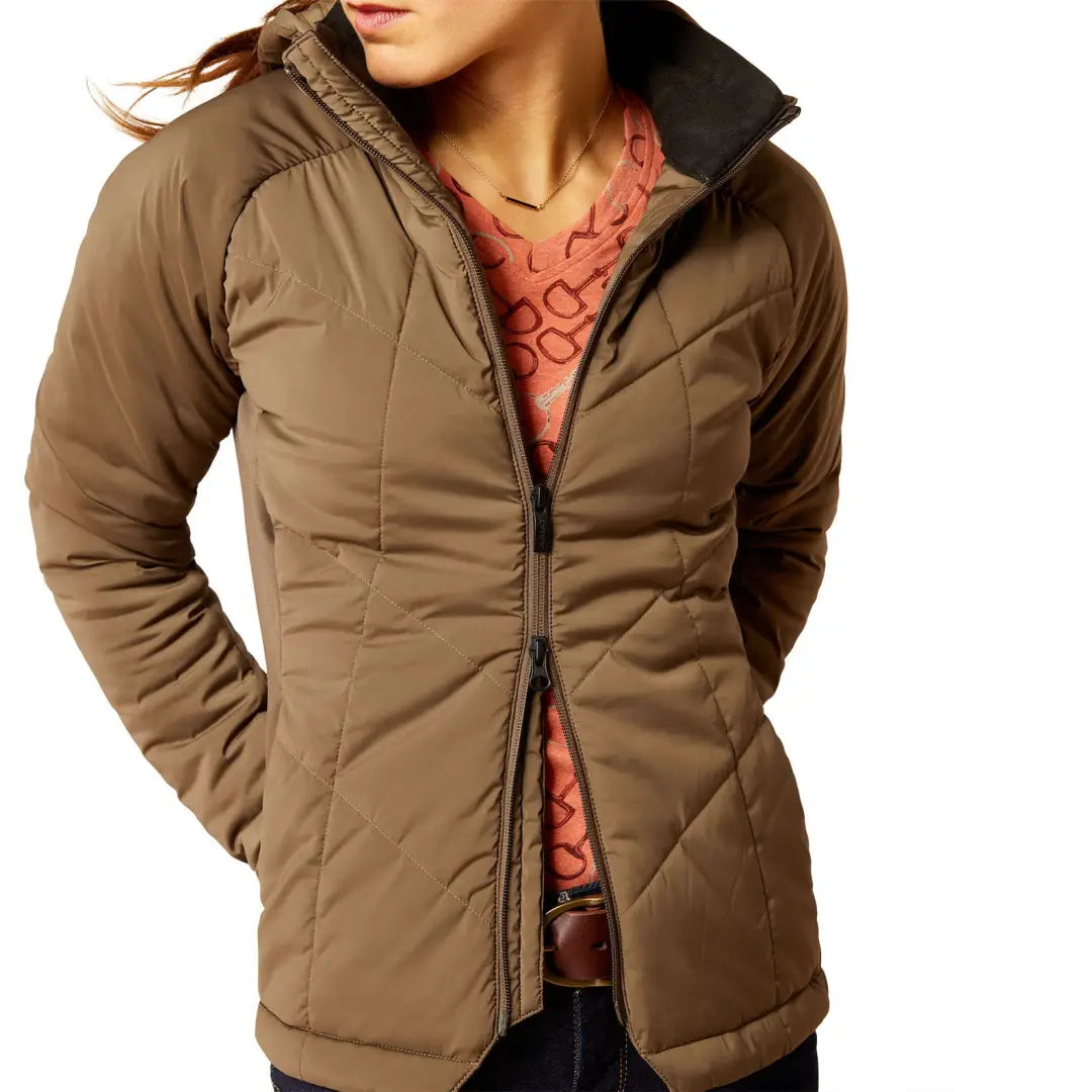 Tan Ariat Zonal Insulated Jacket with high collar and zipper closure for winter warmth