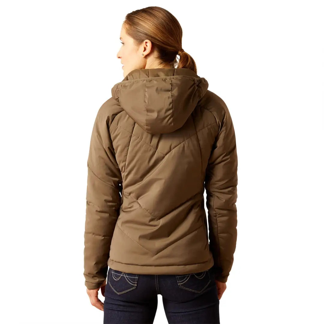 Brown hooded puffer jacket on a person from behind, showcasing the Ariat Zonal Insulated Jacket