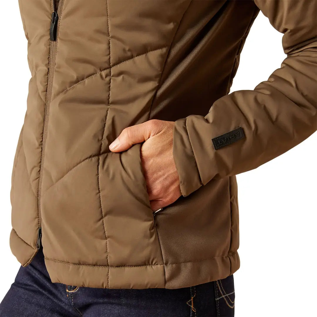 Tan Zonal Insulated Jacket with hand in pocket, perfect for chilly days