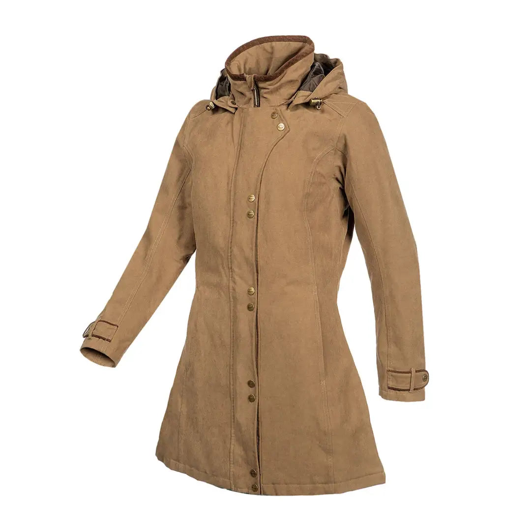 Tan hooded trench coat with buttons and belted cuffs, perfect for a warm ladies town