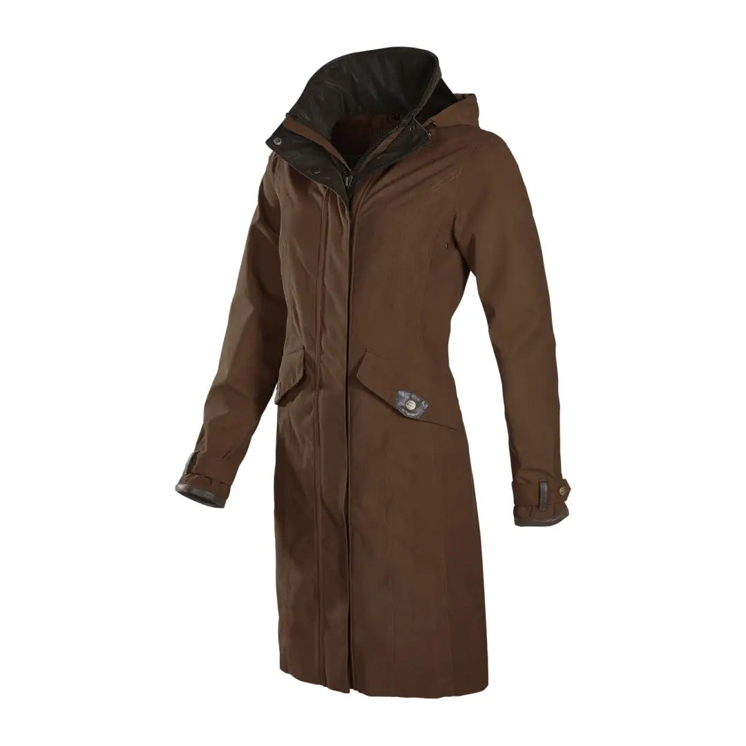 Brown long winter coat with a hood and button details, perfect as a Chelsea waterproof coat