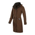 Brown long winter coat with a hood and button details, perfect as a Chelsea waterproof coat