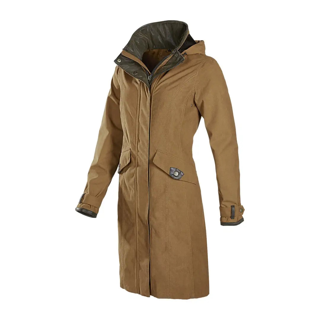 Tan long coat with hood and button details, perfect for the Baleno Chelsea Waterproof style