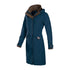 Long navy blue Baleno Chelsea Waterproof Coat with brown accents and hood for country clothing