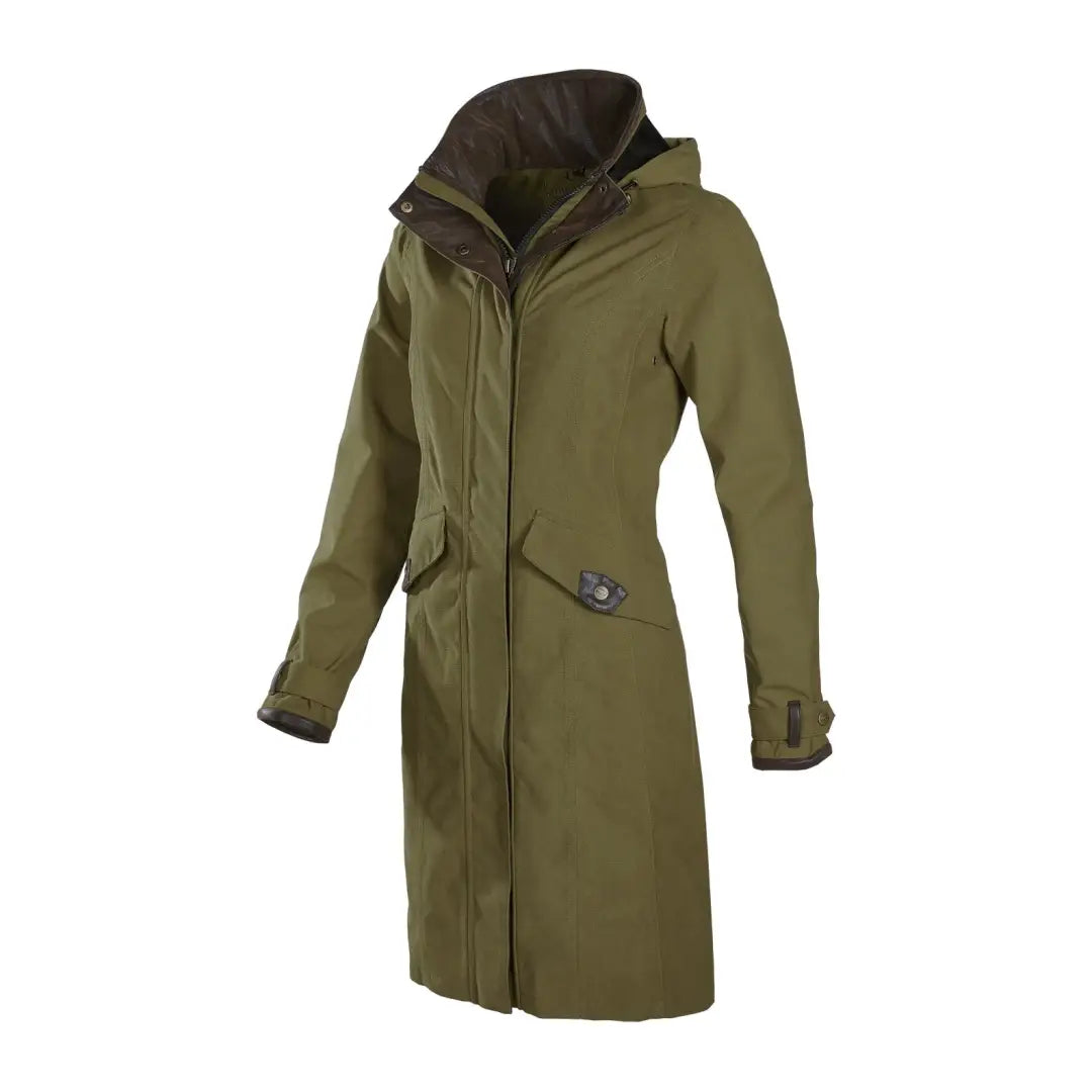 Stylish Long Olive Green Baleno Chelsea Waterproof Coat with High Collar and Hood