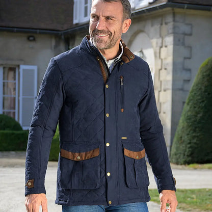 Navy blue Baleno Goodwood Coat with brown leather trim and brass buttons, stylish quilted jacket