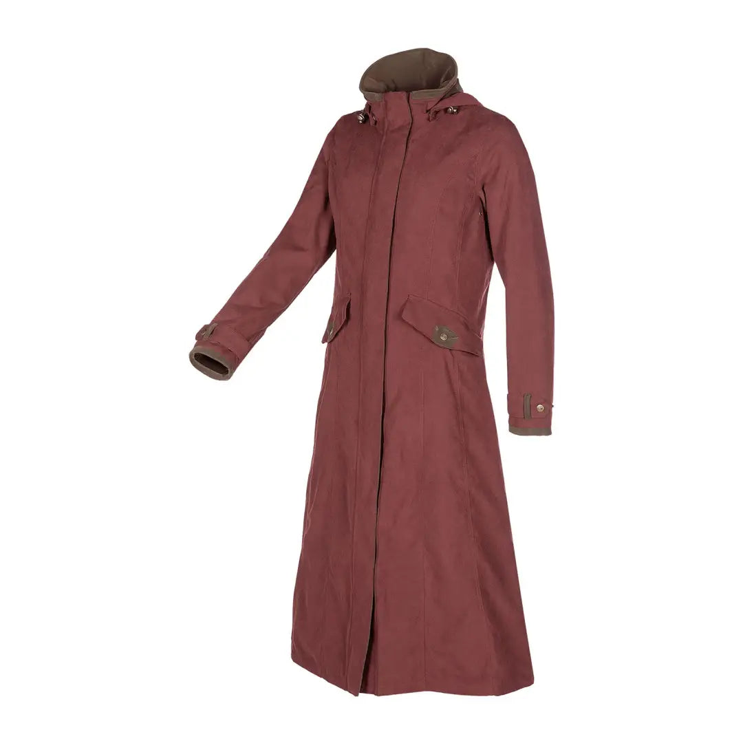 Long burgundy Baleno Kensington Ladies Longer Length Jacket with hood and pockets