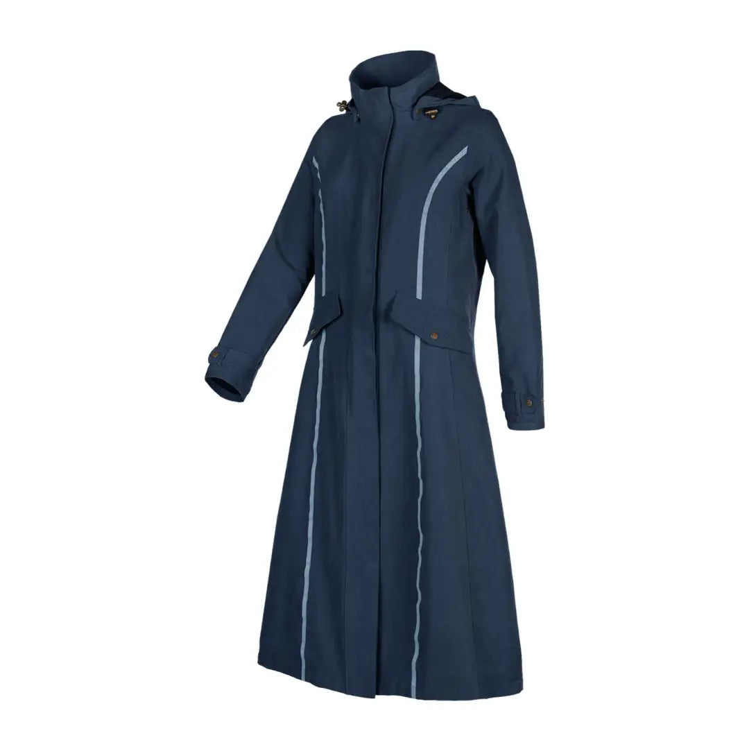 Long navy blue Baleno Kensington Safe coat with belt and reflective trim for country clothing