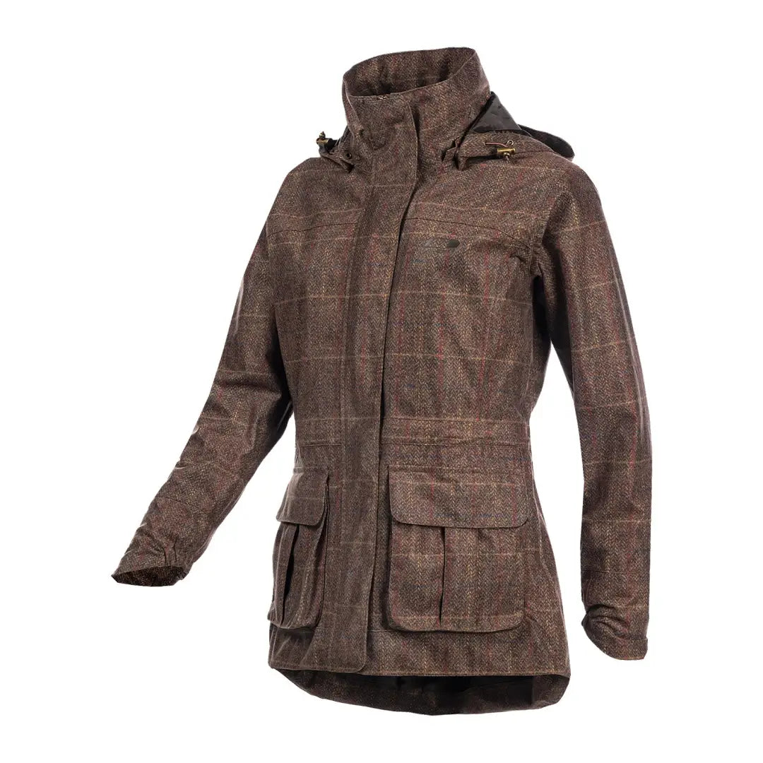 Brown tweed Baleno Pembroke Ladies Waterproof Jacket with high collar and pockets