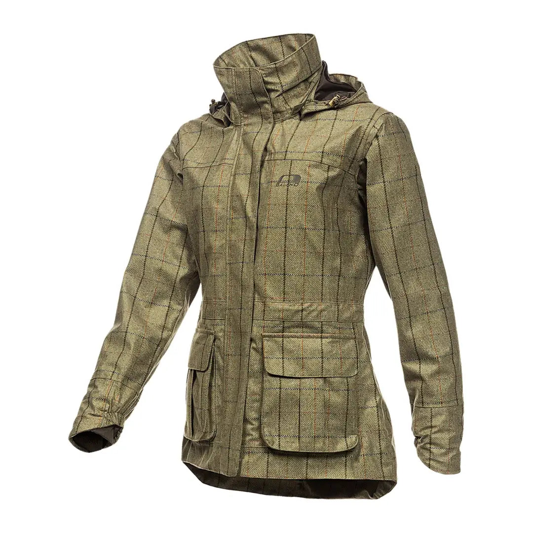 Stylish Olive Green Plaid Baleno Pembroke Ladies Waterproof Jacket with pockets and hood