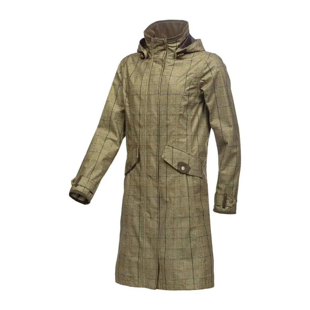 Long olive green Baleno Twyford Ladies coat with hood in stylish checkered printed tweed