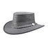 Gray Barmah Bronco Foldaway Leather Hat with braided band for easy storage and style