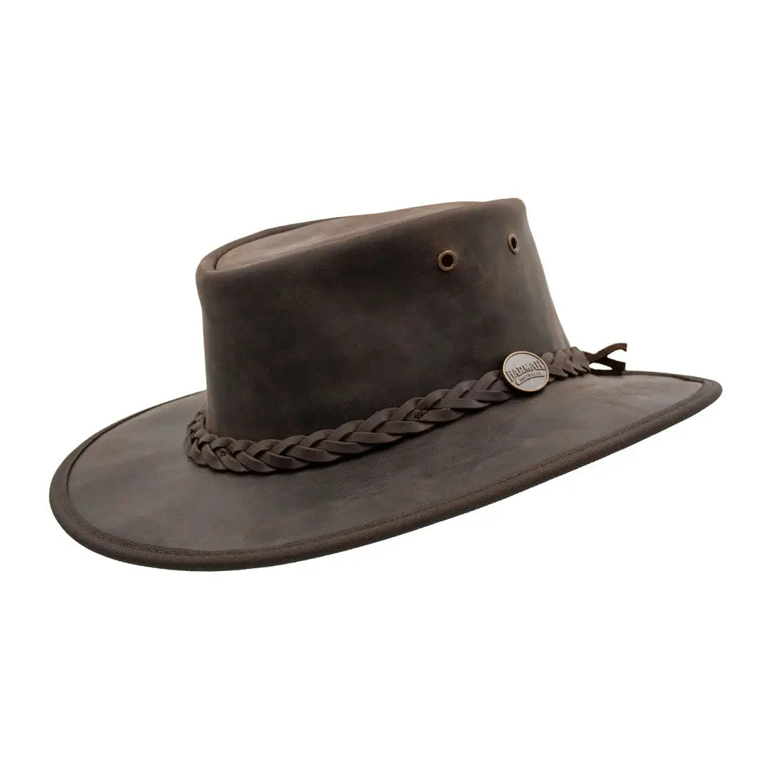 Brown leather outback hat with braided band, perfect foldaway leather hat for adventures