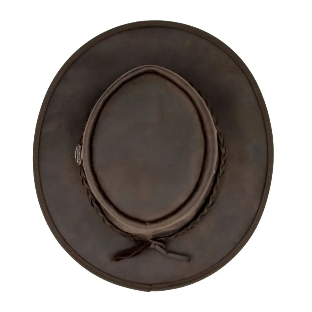 Dark brown leather cowboy hat with braided band from Barmah Bronco foldaway leather hat