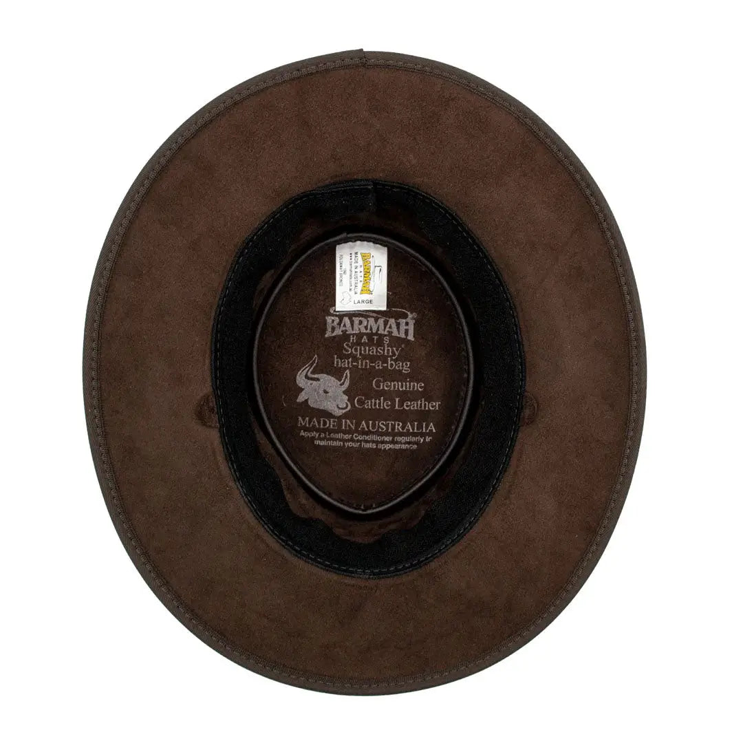 Brown leather outback-style foldaway leather hat with a dark band for adventure lovers