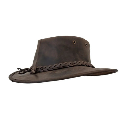 Brown leather outback-style Barmah Bronco Foldaway Leather Hat with braided band