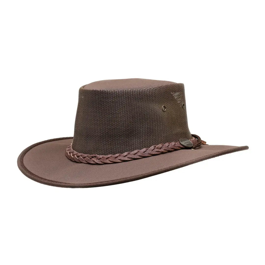 Brown leather outback-style hat with braided band in lightweight canvas material