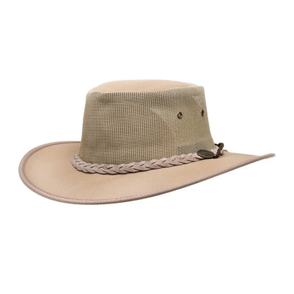 Beige Outback-style hat with braided band, perfect for country clothing and outdoors fun