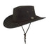 Black leather outback hat with chin strap and emblem, perfect for oilskin canvas lovers