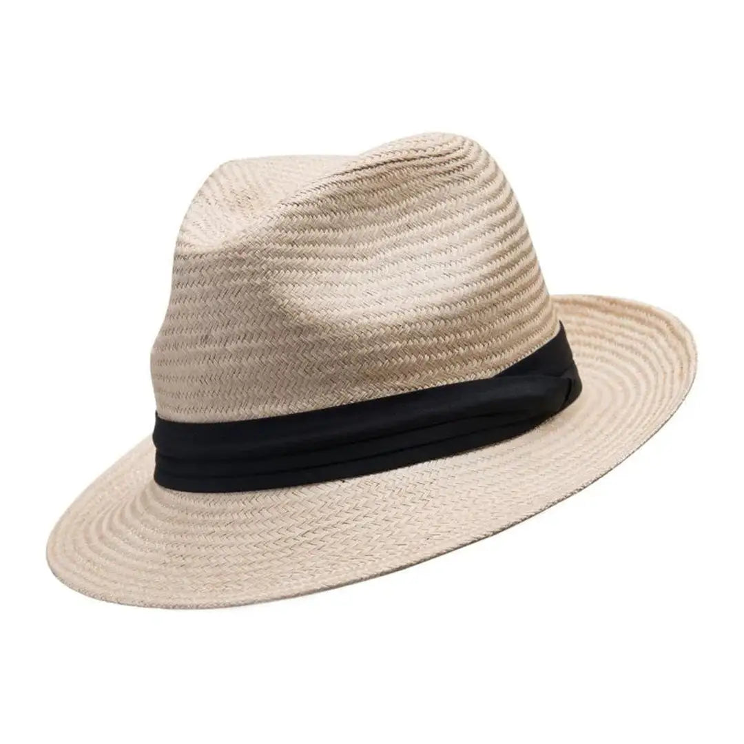 Beige straw fedora hat with black band, perfect Barmah Fine Raffia Trilby style