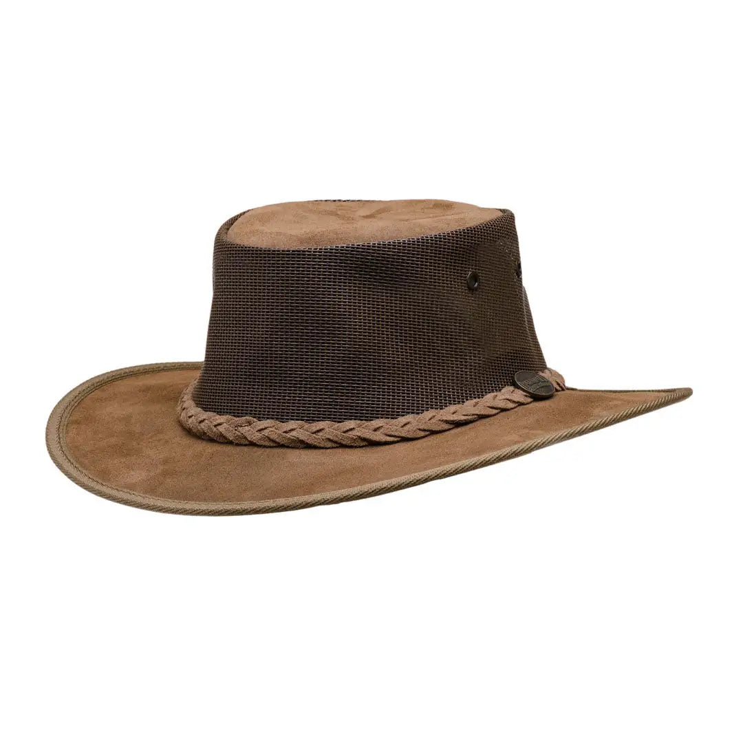 Brown leather Barmah Foldaway Cooler Suede Hat with braided band, perfect for lightest weight leathers