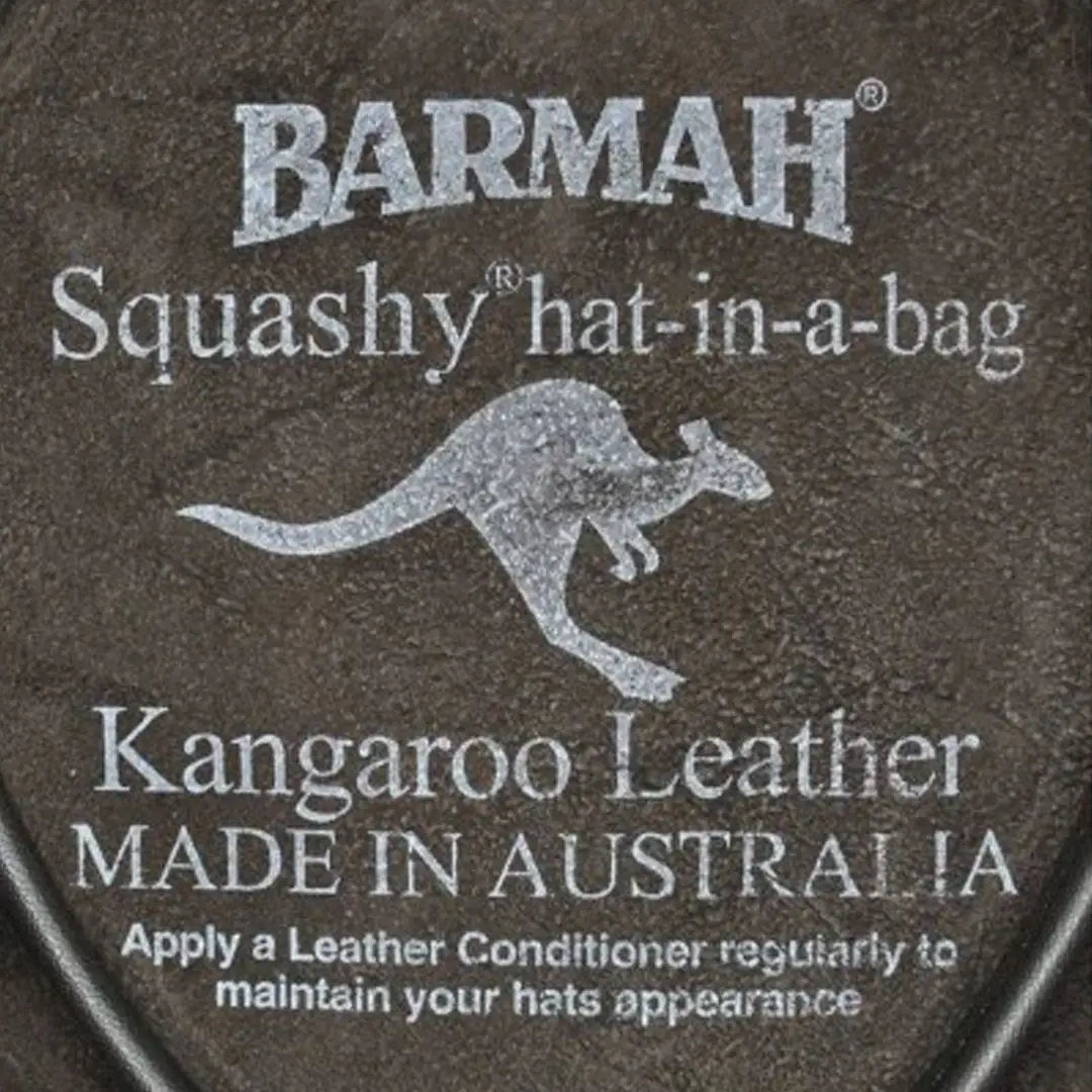 Leather hat label showcasing the kangaroo logo for Barmah Squashy Roo Leather Hat