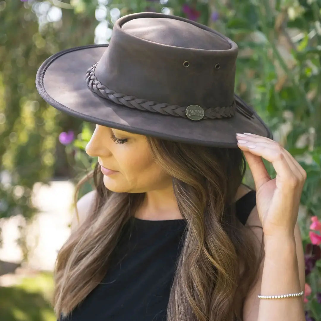 Brown leather outback hat with braided band made from lightweight kangaroo leather