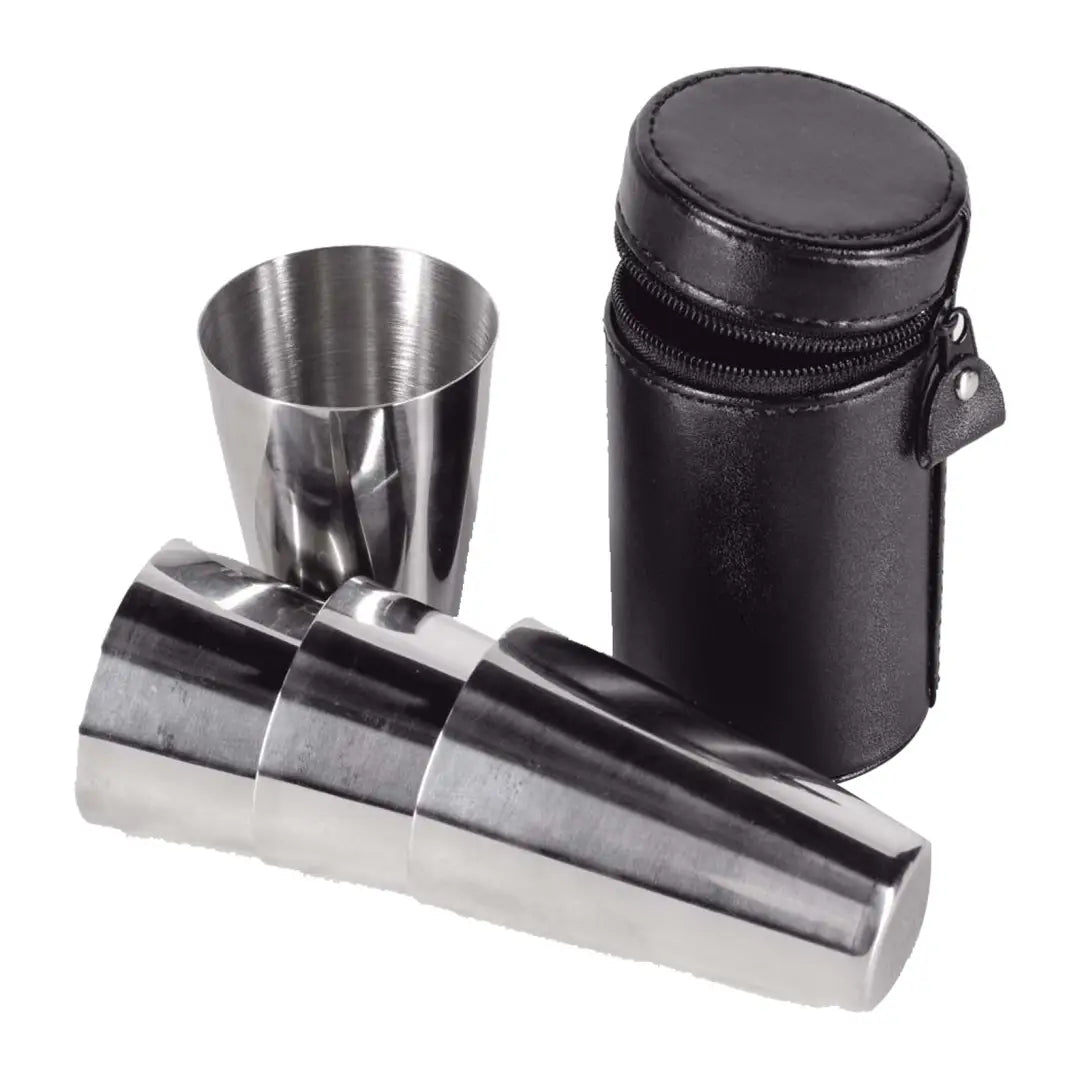 Stainless steel shot glasses in a black case from the Bisley 2oz Cup Set of 4