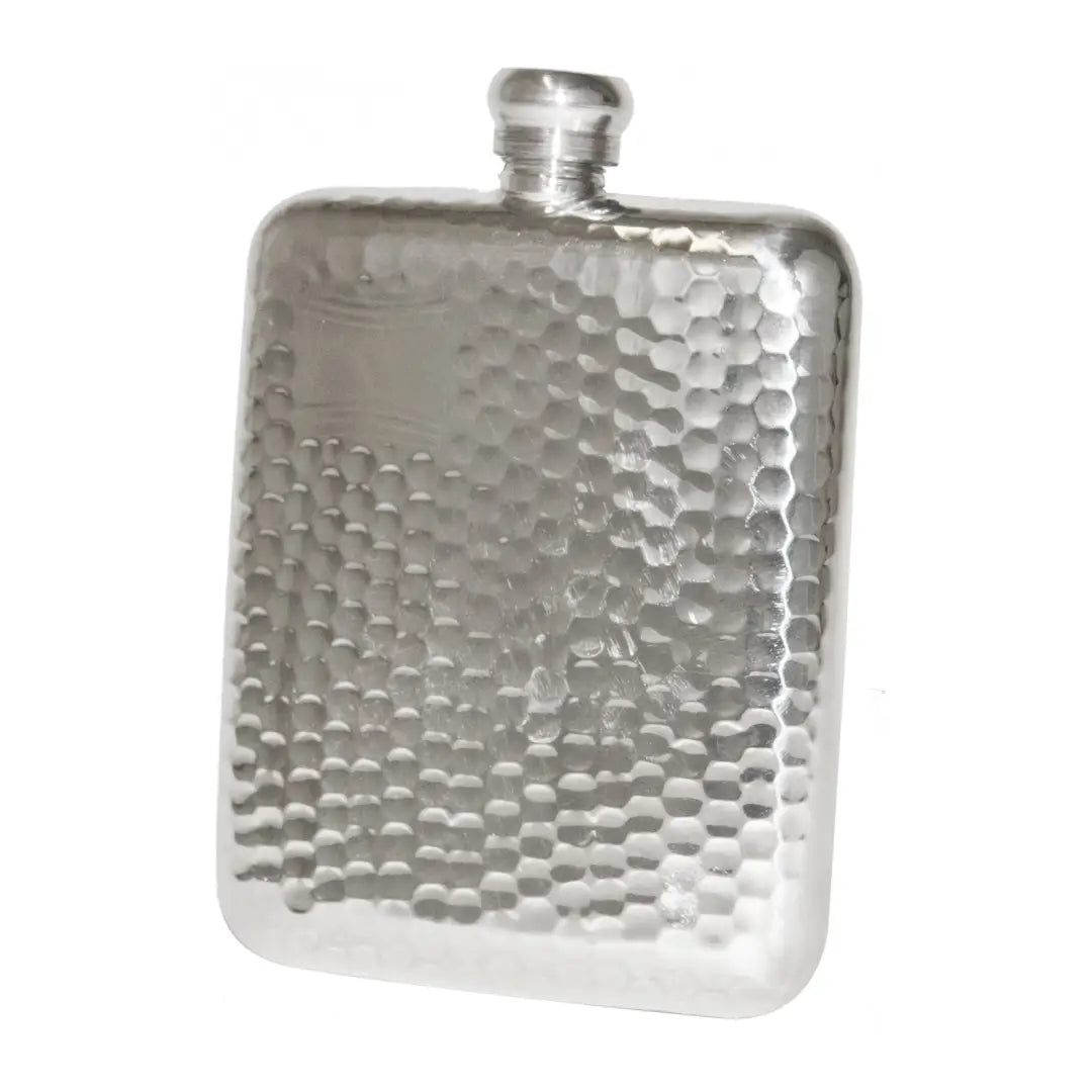 Hammered pewter flask by Bisley, 6oz size, featuring a textured surface and small cap