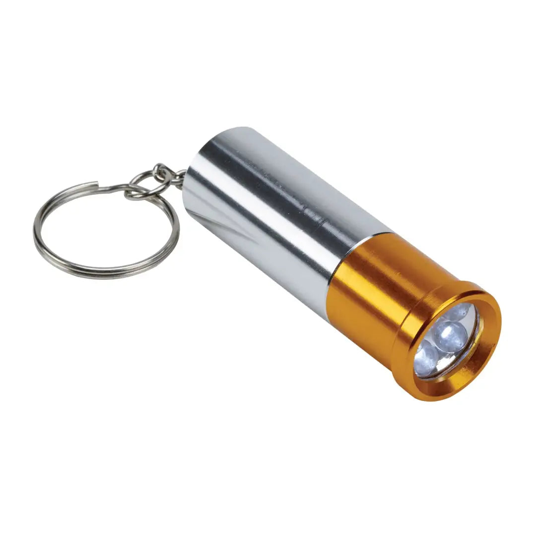 Cylindrical Bisley Cartridge Torch keyring with silver body and gold end cap