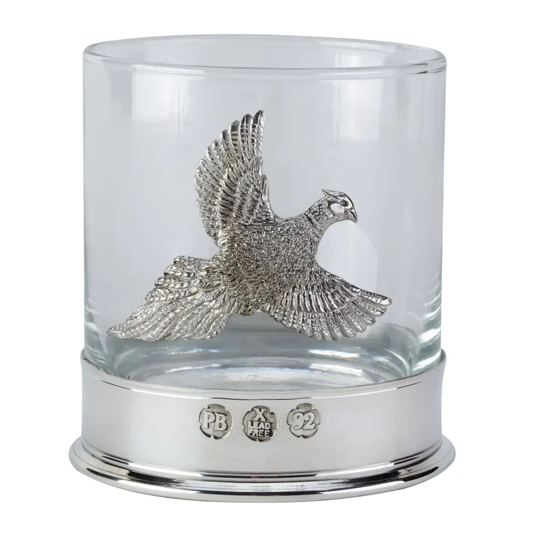 Stylish Bisley Flying Pheasant Whisky Glass with English pewter ring and game bird design