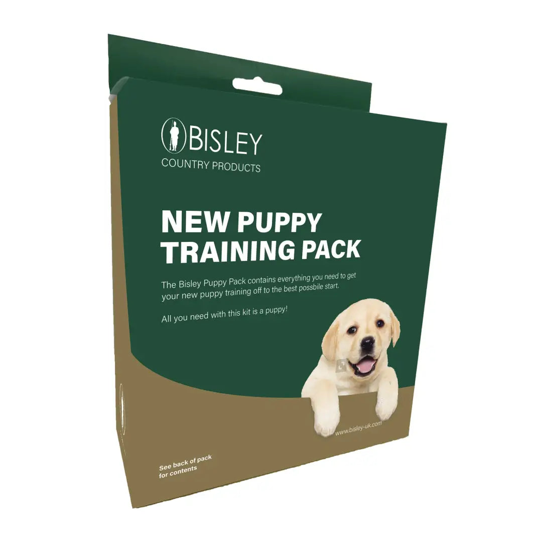 Golden Retriever puppy with Bisley Puppy Pack for new pup training essentials