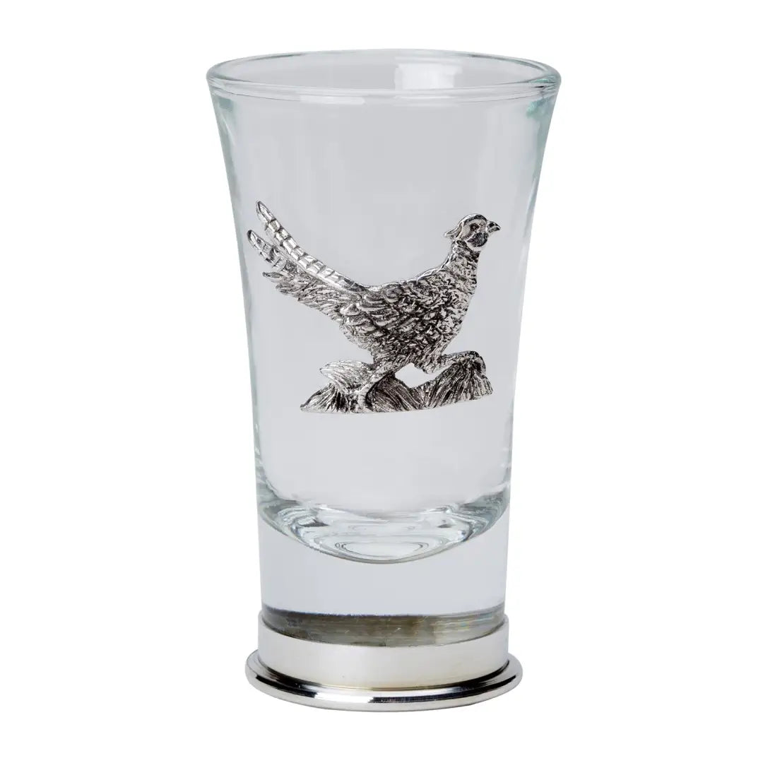 Heavy-duty shot glass featuring an English pewter motif of a pheasant design