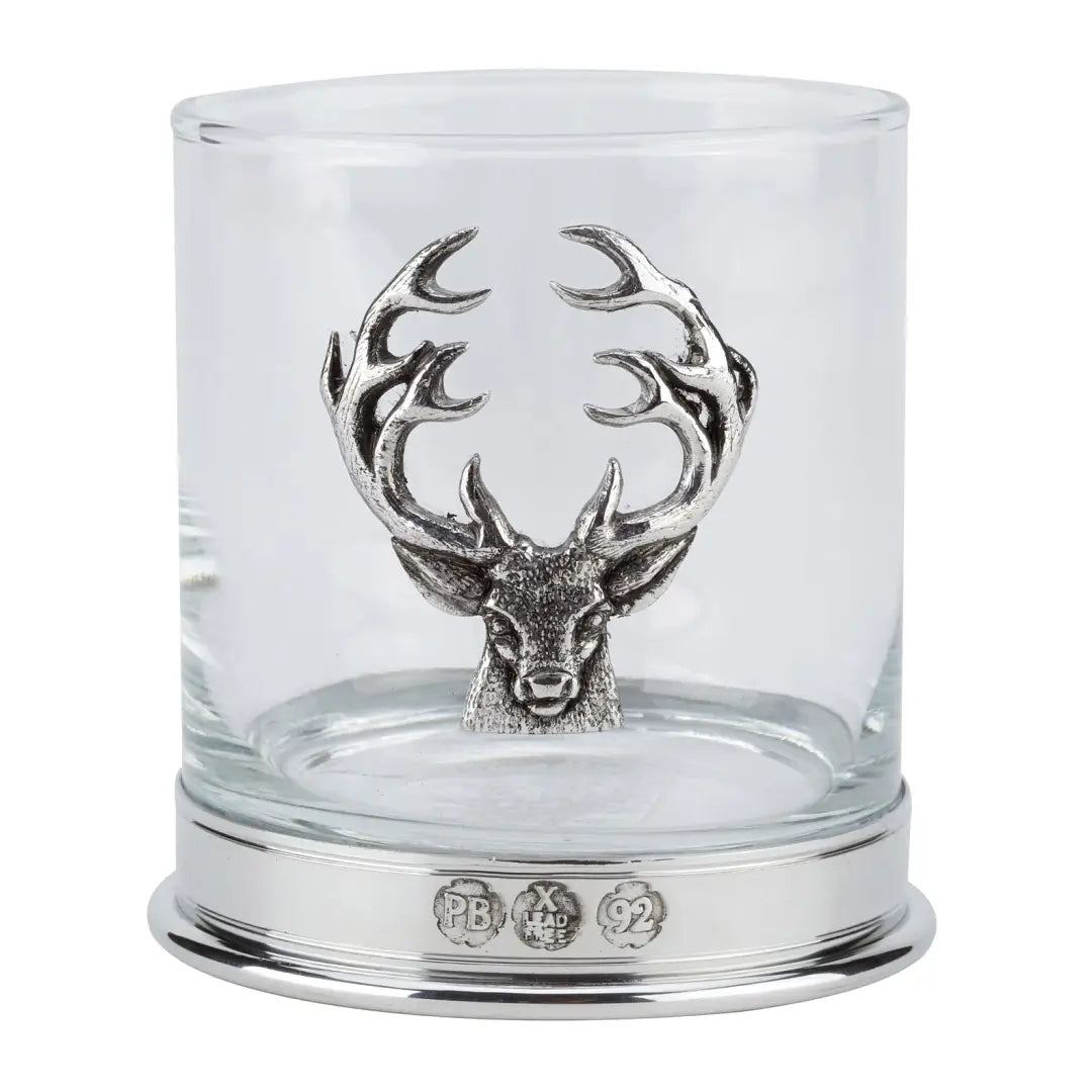 Stylish Bisley Stag Whisky Glass with fine English pewter base and stag’s head design