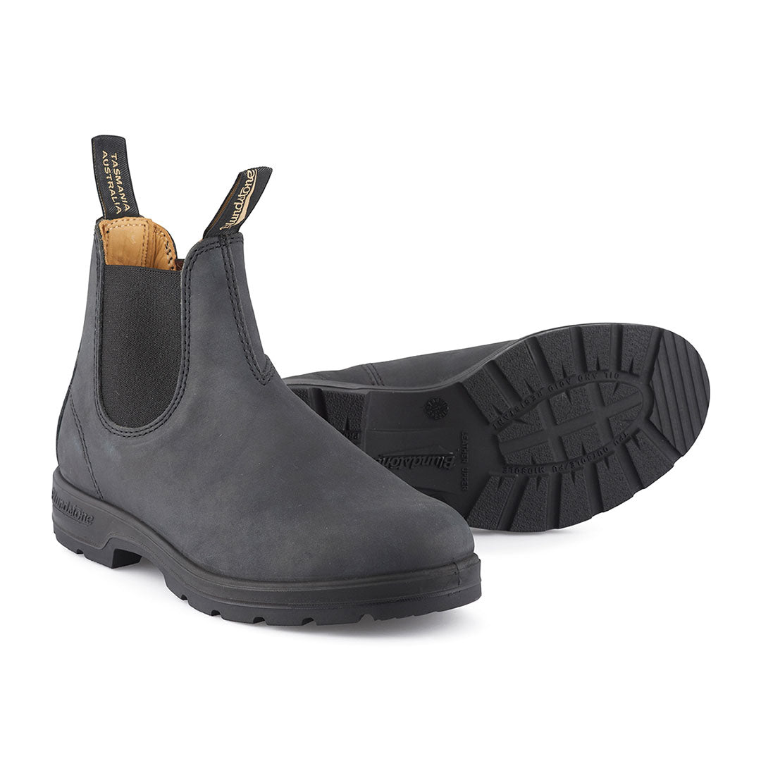 Pair of rustic black Blundstone Chelsea boots for stylish country clothing