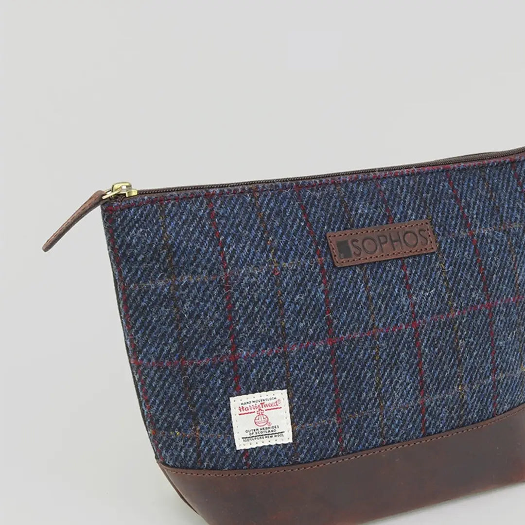 Zippered blue tweed pouch with leather trim from British Bag Co. Harris Tweed collection