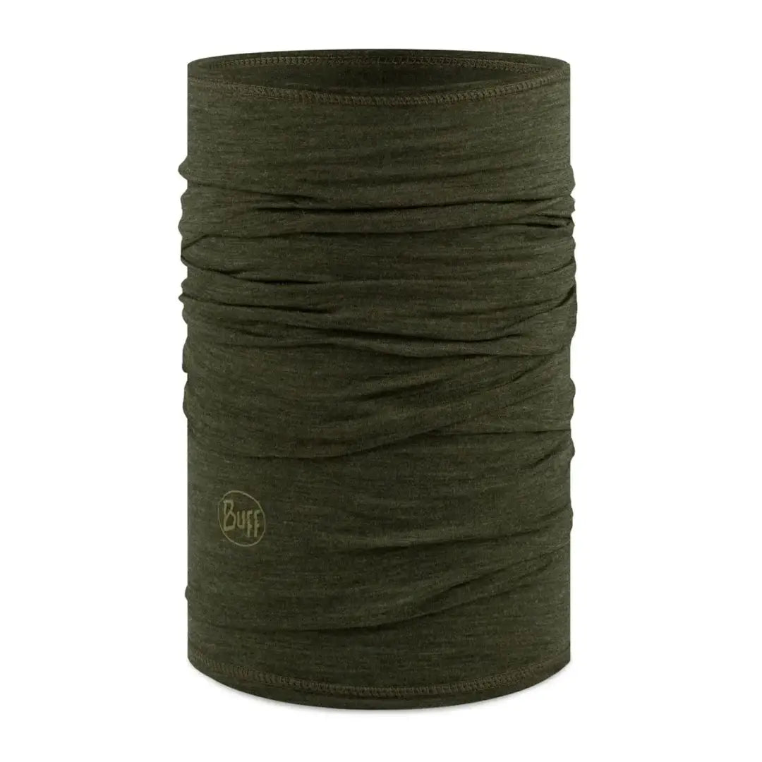 Dark green Buff Merino Wool neckwear features a logo for versatile style and comfort