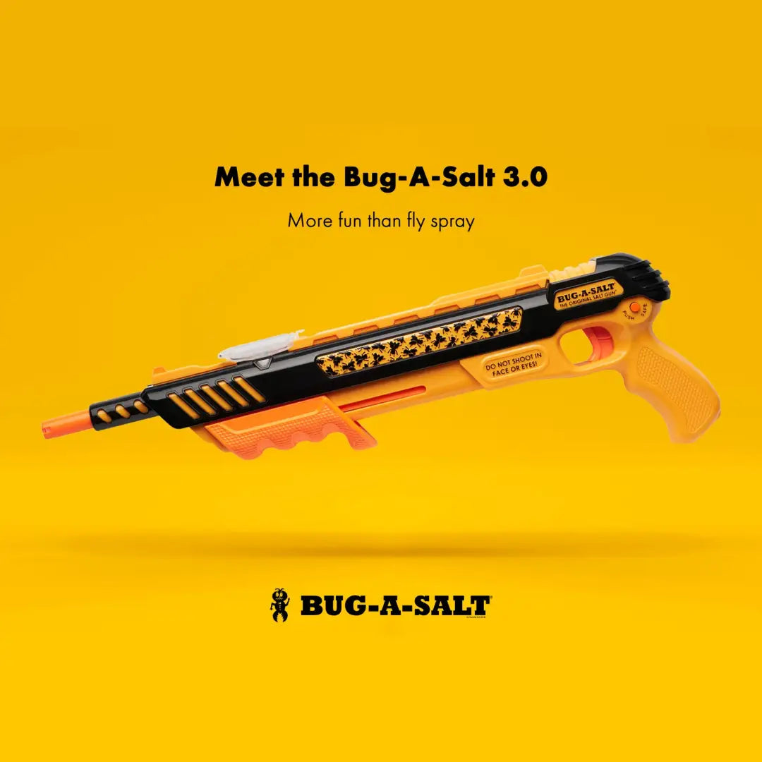 Toy gun-shaped salt shooter in yellow and black, UK’s favourite to eliminate flies