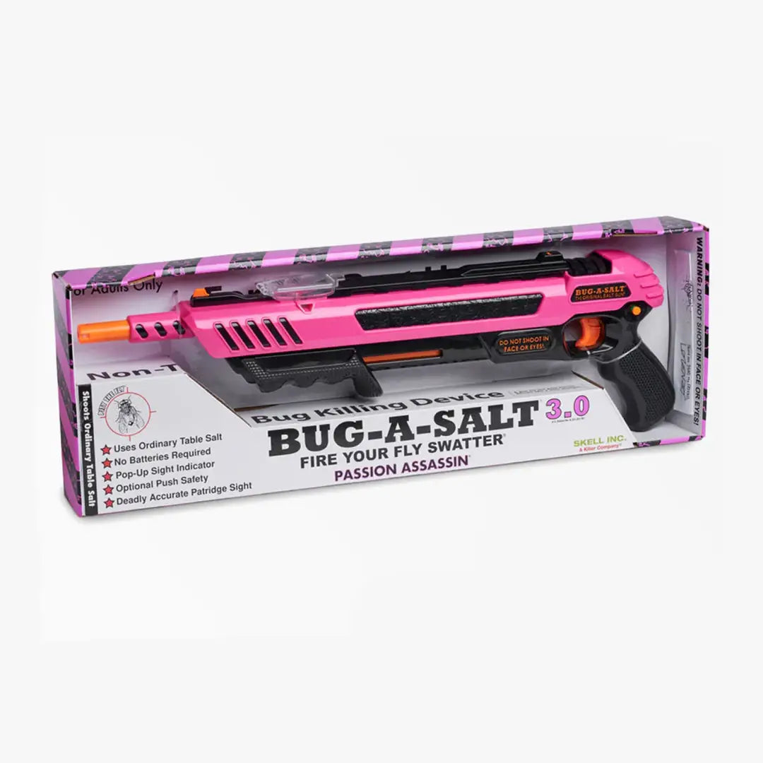 Pink and black Bug-A-Salt 3.0 in packaging, UK’s favourite way to eliminate flies