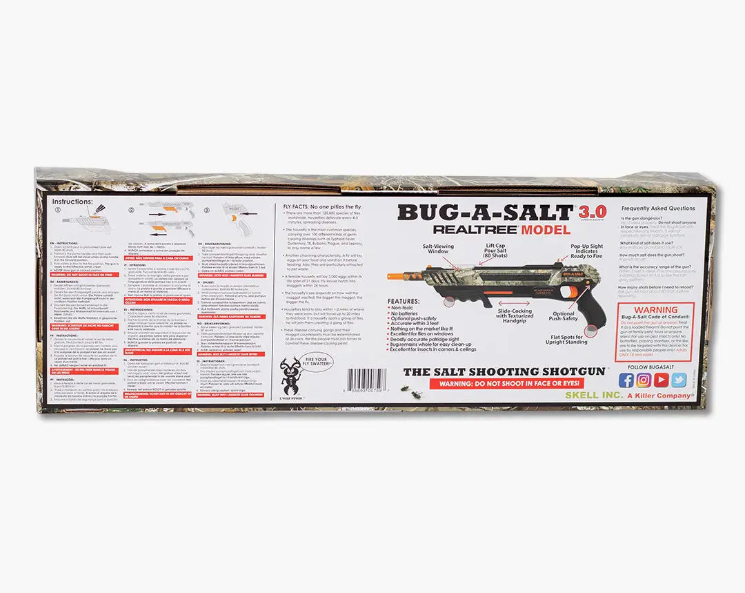 Product packaging for Bug-A-Salt 3.0 Realtree Camo, the UK’s favourite to eliminate flies