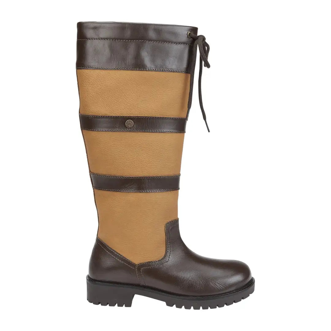 Tall leather Amberley Country Boots in tan and brown color-blocked design with laces