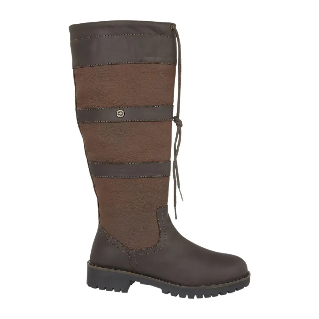 Tall brown leather riding boot with dark stripes for a stylish waterproof slim fit